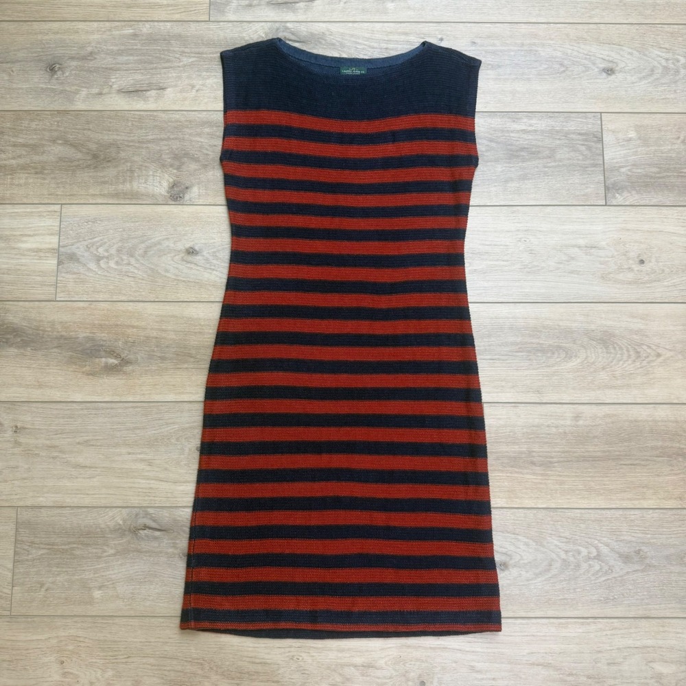 Lauren Ralph Lauren Striped Linen Sweater Dress Navy Orange Vintage Size L